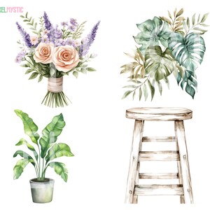 May include: A watercolor illustration of a bouquet of lavender and roses, a potted plant with large green leaves, a wooden stool, and a tropical plant with large green leaves.