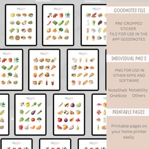 Puede incluir: Una hoja de pegatinas de planificador digital con ilustraciones de acuarela de varios alimentos, incluyendo frutas, verduras y comidas. La hoja est&aacute; dise&ntilde;ada para usar con la aplicaci&oacute;n Goodnotes, pero tambi&eacute;n se incluyen archivos PNG individuales para usar en otras aplicaciones y software. Tambi&eacute;n hay p&aacute;ginas imprimibles disponibles.