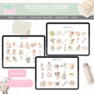 160 Girl Aesthetic Digital Stickers for GoodNotes, Cute Feminine Planner Stickers, Precropped PNG iPad Stickers, That Girl Lifestyle Pack image 2