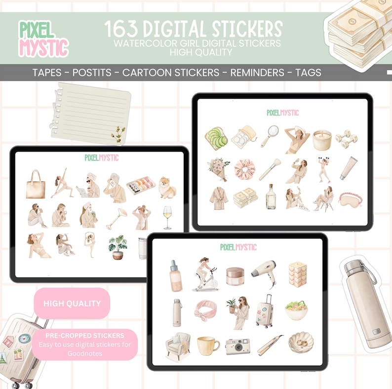 160 Girl Aesthetic Digital Stickers for GoodNotes, Cute Feminine Planner Stickers, Precropped PNG iPad Stickers, That Girl Lifestyle Pack image 2