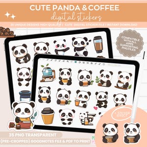 Kawaii Panda and coffee PNG, Panda stickers download PNG, functional stickers, cute digital stickers for goodnotes, Panda PNG, Coffee Png