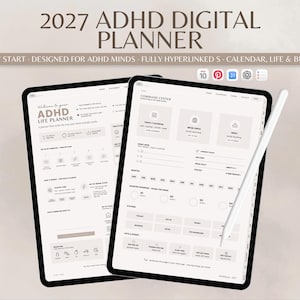 Op de afbeelding: Een digitale 2027 ADHD-planner weergegeven op twee tabletschermen met een witte stylus. De interface bevat een commandocentrum, kalender en tools voor levens- en bedrijfsplanning. Tekst bevat 2027 ADHD DIGITAL PLANNER.
