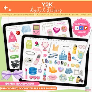 Op de afbeelding: Digitale sticker set met Y2K thema, met 160 unieke aquarel ontwerpen. Inclusief items zoals een roze Game Boy, hartvormige zonnebrillen en de tekst "the 2000s". Compatibel met GoodNotes en PDF.