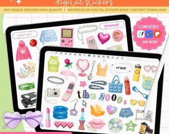May include: Digital sticker set with a Y2K theme, featuring watercolor designs. Includes 160 unique stickers with items like a pink Game Boy, heart-shaped sunglasses, and the text "the 2000s". Compatible with GoodNotes and PDF.