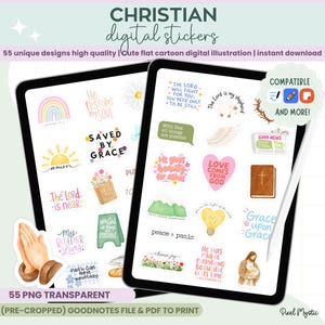 May include: A collection of 55 Christian-themed digital stickers displayed on two tablet screens. The stickers feature colourful illustrations of rainbows, hearts, mountains, and religious text such as Saved by Grace, Love Comes from God, and The Lord is My Shepherd. A stylus is shown on the right screen.