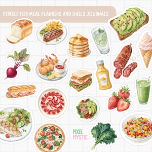 Puede incluir: Un conjunto de 15 pegatinas de acuarela que representan varios alimentos, como un s&aacute;ndwich, una ensalada, una pizza, una tostada de aguacate y un vaso de agua. Las pegatinas son perfectas para planificar comidas o llevar un diario.