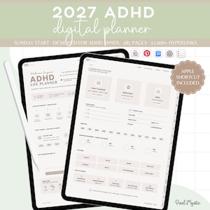 May include: A 2027 ADHD digital planner displayed on two tablet screens. The interface features a command center with sections for calendar, brain check, inbox, current focus, and quarterly progress. Includes Apple shortcut and 485 pages.