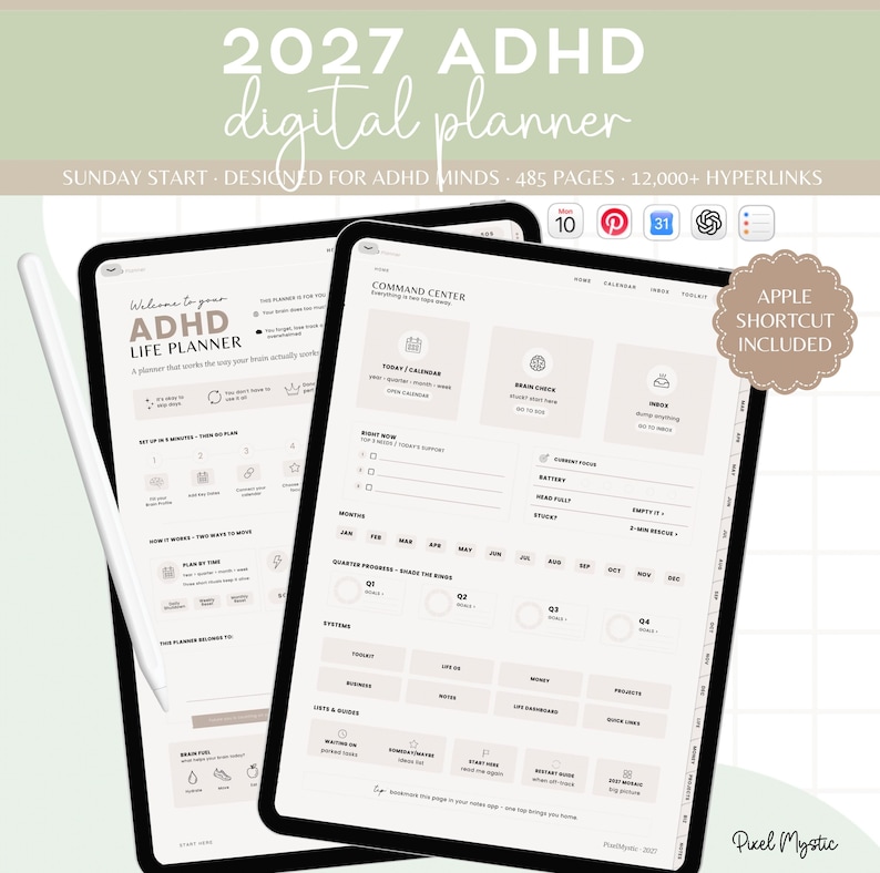 Puede incluir: Un planificador digital ADHD 2027 mostrado en dos pantallas de tableta. La interfaz presenta un centro de mando con secciones para calendario, revisi&oacute;n cerebral, bandeja de entrada, enfoque actual y progreso trimestral. Incluye acceso directo.