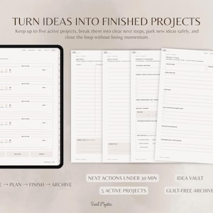 Puede incluir: Un planificador de gesti&oacute;n de proyectos digital que se muestra en una tableta y como p&aacute;ginas separadas. La interfaz incluye secciones etiquetadas como Project Hub, Archive, Idea Vault y Project Finisher, con el texto TURN IDEAS INTO FINISHED PROJECTS.