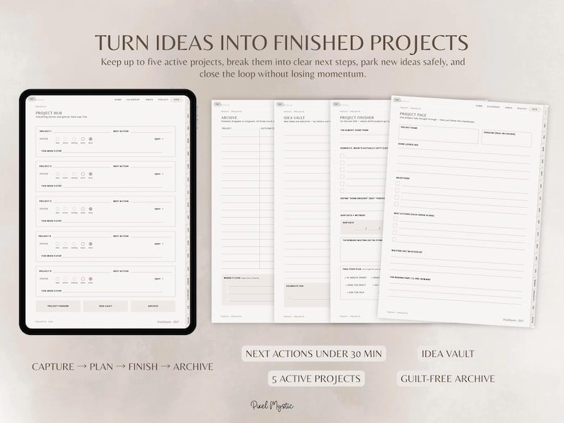Puede incluir: Un planificador de gesti&oacute;n de proyectos digital que se muestra en una tableta y como p&aacute;ginas separadas. La interfaz incluye secciones etiquetadas como Project Hub, Archive, Idea Vault y Project Finisher, con el texto TURN IDEAS INTO FINISHED PROJECTS.