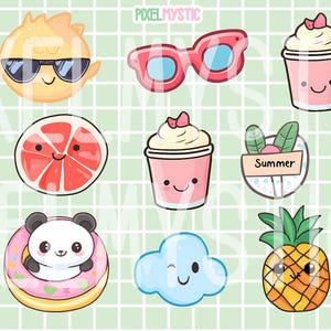 以下が含まれることがあります： 夏をテーマにしたかわいい漫画のイラスト9点セット。イラストには、パイナップル、雲、ドーナツフロートに乗ったパンダ、グレープフルーツ、サングラスをかけた魚、アイスクリームのカップ、アイスコーヒーのカップ、サングラス、そして「Summer」と書かれた看板が含まれています。