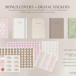 Puede incluir: Cinco portadas de planificador digitales en rosa, blanco, beige, marr&oacute;n y verde con el texto PLANNER 2027 o PLANNER. Incluye m&aacute;s de 200 pegatinas digitales en tonos neutros, cuadr&iacute;culas de calendario y etiquetas en formatos PDF, JPG y PNG.