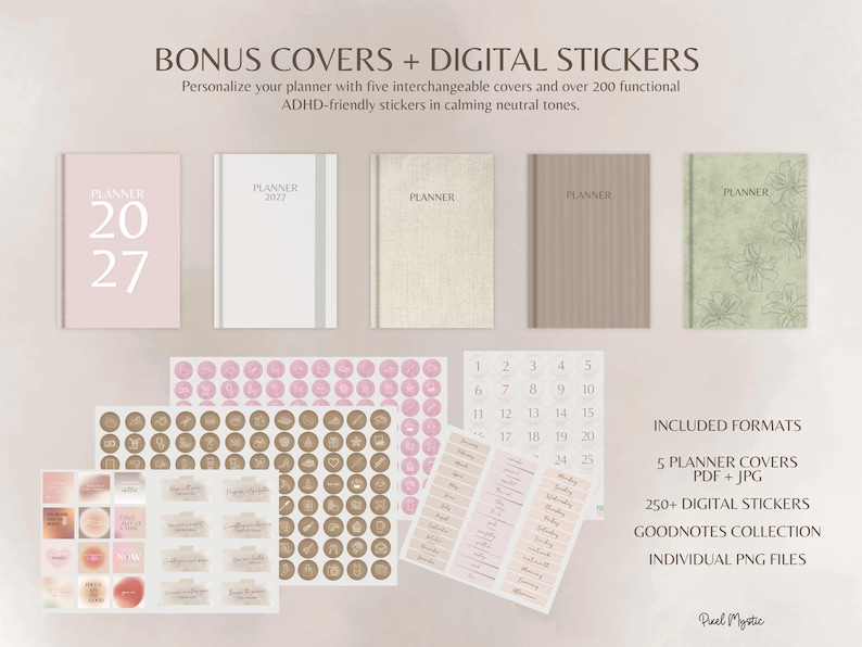 Puede incluir: Cinco portadas de planificador digitales en rosa, blanco, beige, marr&oacute;n y verde con el texto PLANNER 2027 o PLANNER. Incluye m&aacute;s de 200 pegatinas digitales en tonos neutros, cuadr&iacute;culas de calendario y etiquetas en formatos PDF, JPG y PNG.
