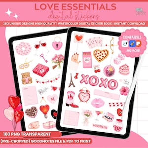 May include: Two digital tablets displaying watercolor digital stickers with a Valentine's Day theme. The stickers include hearts, flowers, and the text "LOVE." The tablets are labeled "LOVE ESSENTIALS digital stickers."