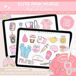 May include: Digital sticker set featuring cute pink nurse-themed designs. Includes stickers of medical items, coffee, and a brain. The text reads "CUTE PINK NURSE digital stickers" and "35 UNIQUE DESIGNS HIGH QUALITY".