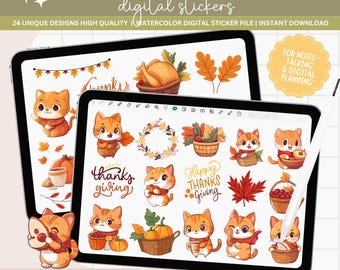 Kawaii Cat Thanksgiving Stickers, Autumn Planner, GoodNotes (PNG, PDF)