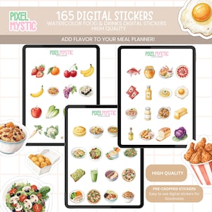 Puede incluir: Un conjunto de 165 pegatinas digitales con ilustraciones de acuarela de comida y bebidas. Las pegatinas est&aacute;n precortadas y son f&aacute;ciles de usar en planificadores digitales, como Goodnotes. Las pegatinas incluyen una variedad de alimentos, como frutas, verduras, sushi, pasta y postres.