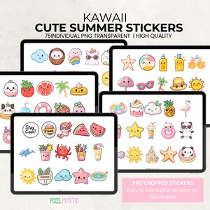 以下が含まれることがあります： 夏をテーマにしたかわいいイラストが描かれたデジタルステッカー75個セット。ステッカーは事前に切り抜かれており、Goodnotesで使用できます。ステッカーには、スイカ、アイスクリーム、サングラス、ビーチボールなど、さまざまなデザインが含まれています。