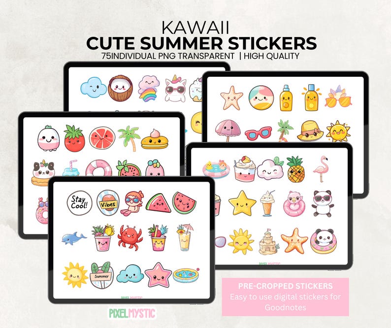 以下が含まれることがあります： 夏をテーマにしたかわいいイラストが描かれたデジタルステッカー75個セット。ステッカーは事前に切り抜かれており、Goodnotesで使用できます。ステッカーには、スイカ、アイスクリーム、サングラス、ビーチボールなど、さまざまなデザインが含まれています。