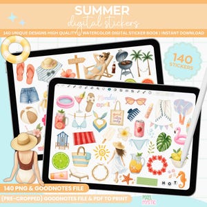 May include: Digital summer stickers displayed on a tablet, featuring watercolor illustrations of beach scenes, swimwear, and tropical drinks. The image includes text that reads "SUMMER digital stickers" and "140 unique designs". A stylus is also visible.
