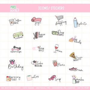 May include: A set of 16 digital stickers featuring various activities and events, such as coffee date, yoga, shopping, hair day, pay day, do nails, exercise, day off, wine, pizza night, birthday, take medicine, movie, run, grocery list, notes, trip, and make up. The stickers are drawn in a cute, doodle style with pink, green, and blue accents.