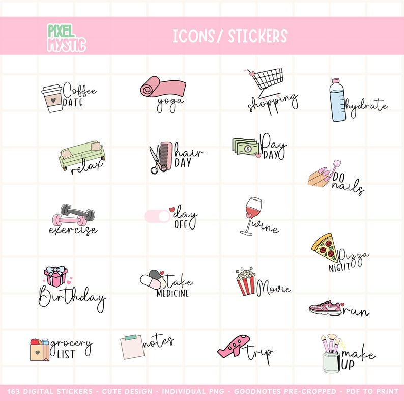 May include: A set of 16 digital stickers featuring various activities and events, such as coffee date, yoga, shopping, hair day, pay day, do nails, exercise, day off, wine, pizza night, birthday, take medicine, movie, run, grocery list, notes, trip, and make up. The stickers are drawn in a cute, doodle style with pink, green, and blue accents.