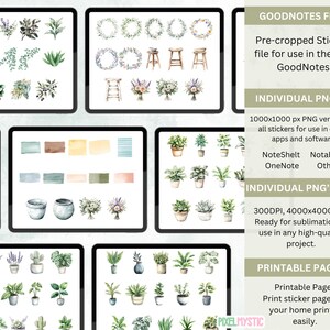 May include: A digital illustration of a set of watercolor plant stickers. The stickers include various types of plants, wreaths, and stools. The image also includes text that says "GoodNotes File", "Pre-cropped Sticker file for use in the app GoodNotes", "Individual PNG's", "1000x1000 px PNG versions of all stickers for use in other apps and software", "NoteShelt Notability OneNote Others", "Individual PNG's (HQ)", "300DPI, 4000x4000 px: Ready for sublimation or use in any high-quality project.", "Printable Pages", "Printable Pages Print sticker pages on your home printer easily."