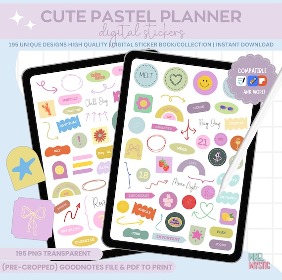 195 Pastel Aesthetic Planner Stickers for GoodNotes | Digital Planner Stickers Bundle | iPad PNG | Printable PDF | Instant Download