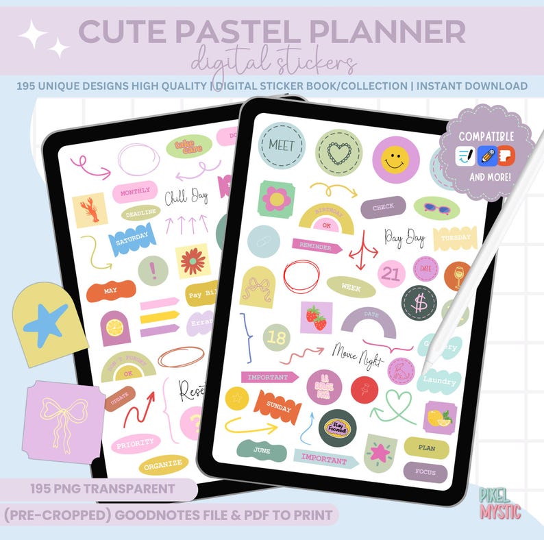 May include: Two digital tablets displaying colorful pastel planner stickers. The stickers include various shapes, arrows, and text such as "Meet," "Monthly," and "Important." The text at the top reads "Cute Pastel Planner digital stickers." A stylus is next to one tablet.