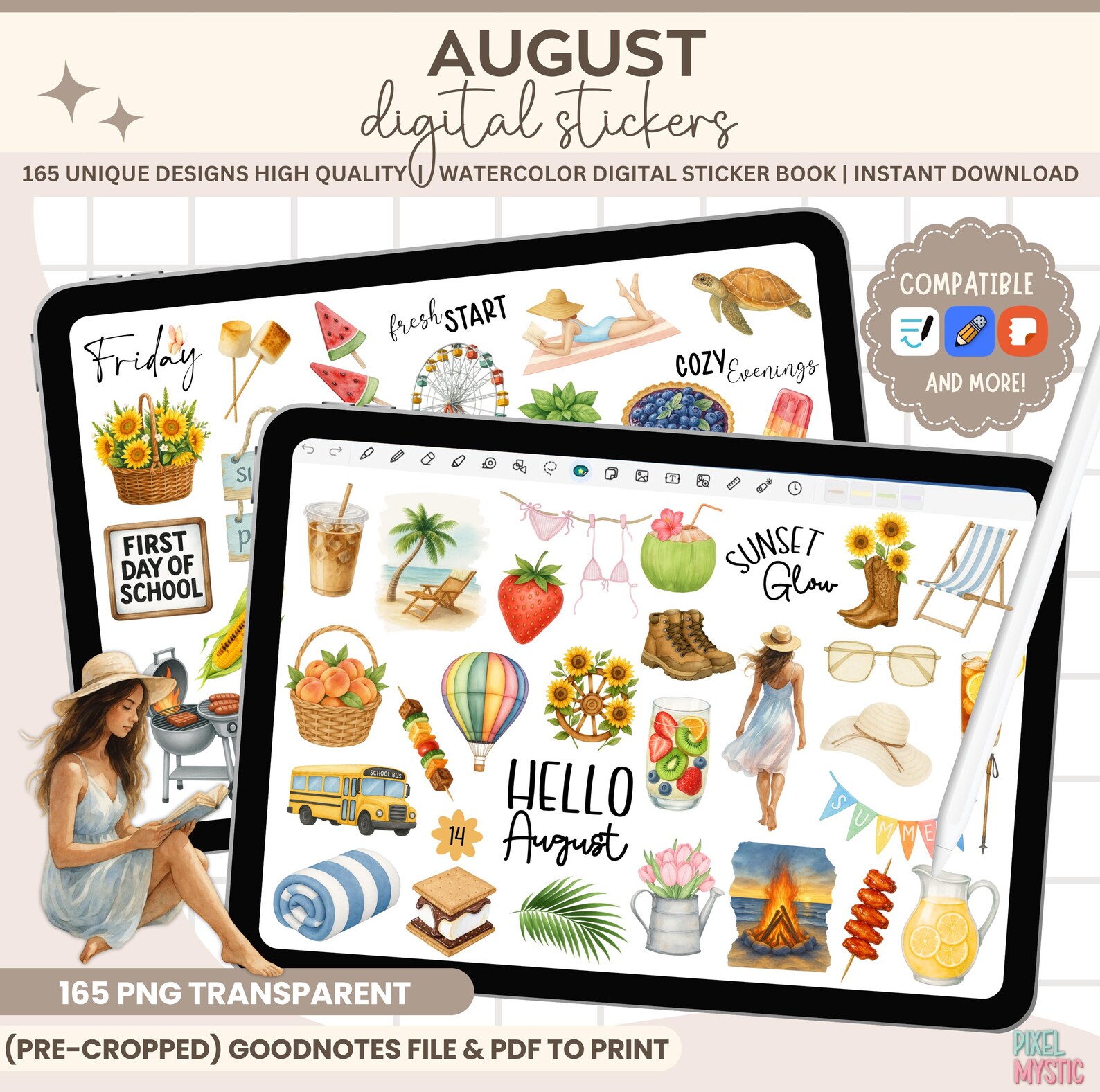 August 13 Sticker August Digital Stickers: Watercolor Summer Planner Set (goodnotes, PDF ...