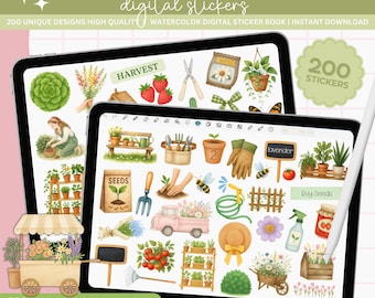Watercolor Garden Planner Stickers: 200 PNG Clipart, GoodNotes, Printable PDF