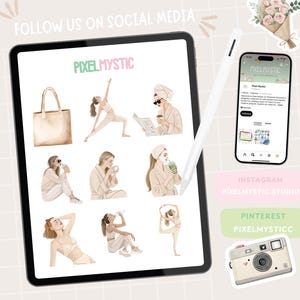 May include: A digital tablet with a white background and illustrations of women in various poses. The text "PIXELMYSTIC" is at the top of the tablet. The tablet is on a white surface. The text "FOLLOW US ON SOCIAL MEDIA" is at the top of the image. The text "INSTAGRAM PIXELMYSTIC.STUDIO" is below the tablet. The text "PINTEREST PIXELMYSTICCC" is below the Instagram text. A vintage camera is below the Pinterest text.