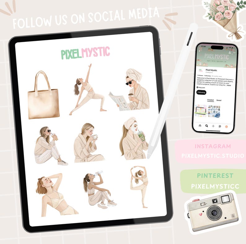 May include: A digital tablet with a white background and illustrations of women in various poses. The text "PIXELMYSTIC" is at the top of the tablet. The tablet is on a white surface. The text "FOLLOW US ON SOCIAL MEDIA" is at the top of the image. The text "INSTAGRAM PIXELMYSTIC.STUDIO" is below the tablet. The text "PINTEREST PIXELMYSTICCC" is below the Instagram text. A vintage camera is below the Pinterest text.