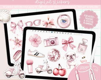 Pink Watercolor Aesthetic Stickers, Digital Planner, GoodNotes (PNG, PDF)