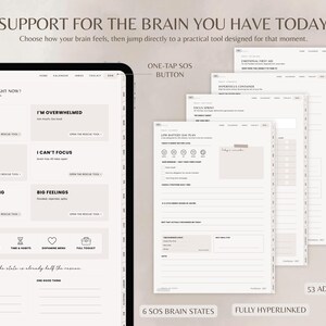Puede incluir: Una interfaz de planificador digital titulada SUPPORT FOR THE BRAIN YOU HAVE TODAY, con un panel de control que muestra seis estados cerebrales SOS como I CAN'T START e I'M OVERWHELMED. Incluye un bot&oacute;n SOS, pesta&ntilde;as y 53 herramientas TDAH.