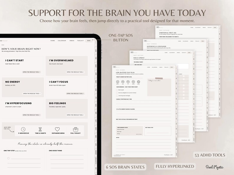 Puede incluir: Una interfaz de planificador digital titulada SUPPORT FOR THE BRAIN YOU HAVE TODAY, con un panel de control que muestra seis estados cerebrales SOS como I CAN'T START e I'M OVERWHELMED. Incluye un bot&oacute;n SOS, pesta&ntilde;as y 53 herramientas TDAH.