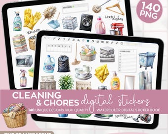 Cleaning Digital Stickers: Chores Planner, 140 PNG Graphics (Printable PDF)