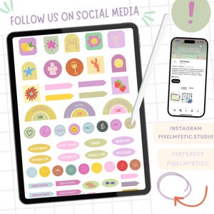 May include: A digital tablet displaying colorful digital stickers with various designs, including flowers, bows, and food illustrations. The text "FOLLOW US ON SOCIAL MEDIA" is at the top. A smartphone shows a social media profile. A stylus is next to the tablet.