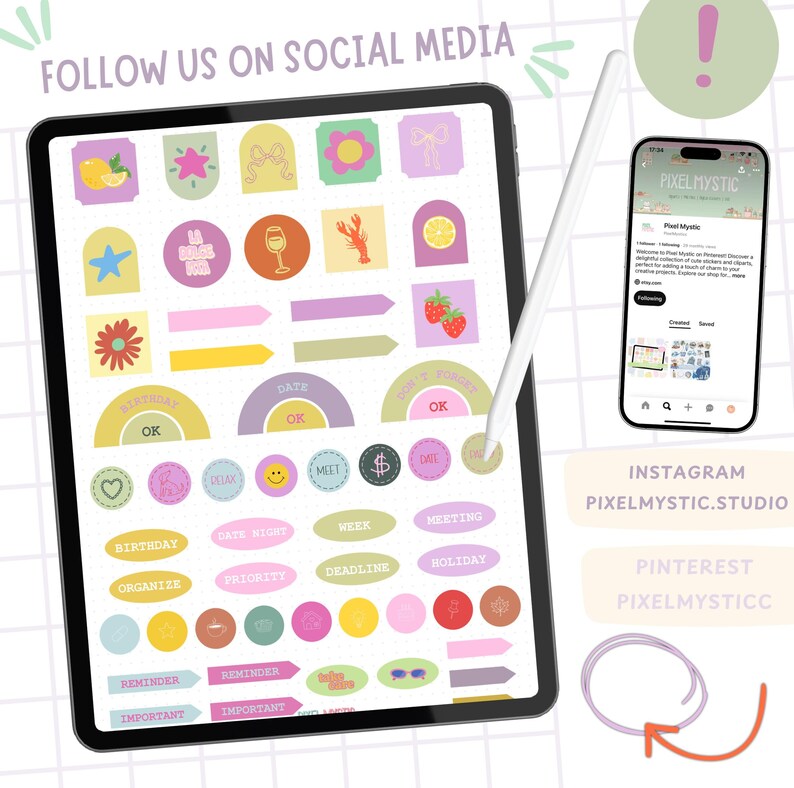 May include: A digital tablet displaying colorful digital stickers with various designs, including flowers, bows, and food illustrations. The text "FOLLOW US ON SOCIAL MEDIA" is at the top. A smartphone shows a social media profile. A stylus is next to the tablet.