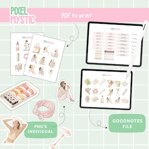 May include: A set of digital planner stickers featuring illustrations of a woman, sushi, a headband, a face roller, and other items. The stickers are designed for use with Goodnotes and other digital note-taking apps. The stickers are available as individual PNG files and as a PDF for printing.