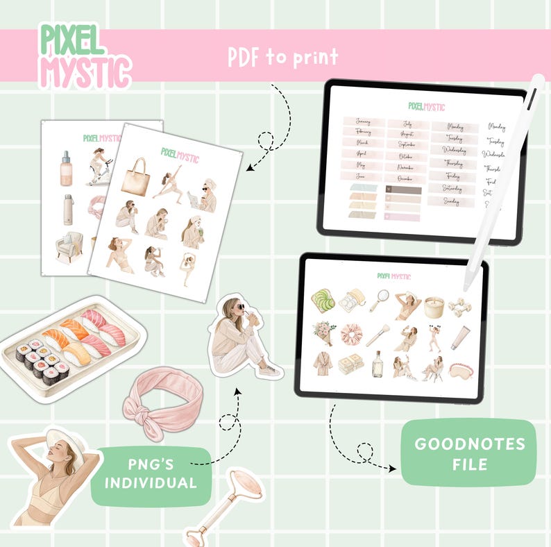 May include: A set of digital planner stickers featuring illustrations of a woman, sushi, a headband, a face roller, and other items. The stickers are designed for use with Goodnotes and other digital note-taking apps. The stickers are available as individual PNG files and as a PDF for printing.