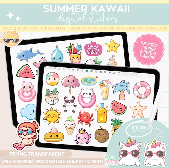 Summer Kawaii Planner Stickers, Digital PNG (Goodnotes & PDF)