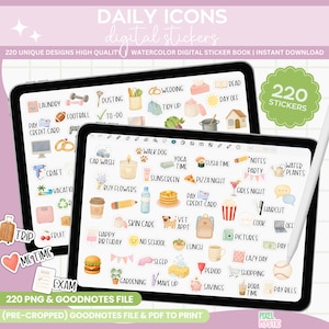 May include: Two tablets showing digital stickers with daily life icons. Text includes "DAILY ICONS digital stickers" and "220 UNIQUE DESIGNS HIGH QUALITY WATERCOLOR DIGITAL STICKER BOOK | INSTANT DOWNLOAD". The image also shows a stylus.