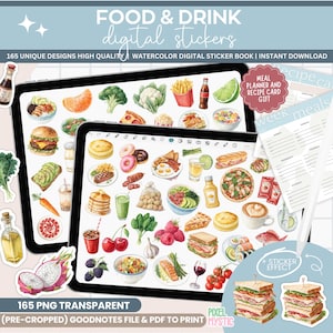 May include: A digital sticker book with 165 watercolor illustrations of food and drinks. The stickers are pre-cropped and can be used in Goodnotes and other digital planners. The book also includes a meal planner and recipe card gift.