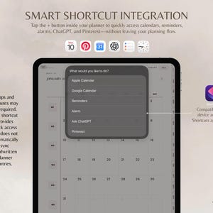 Puede incluir: Una interfaz de planificador digital en una pantalla de tableta que muestra un men&uacute; de Smart Shortcut Integration. El men&uacute; enumera Apple Calendar, Google Calendar, Reminders, Alarm, Ask ChatGPT y Pinterest. Iconos aparecen arriba.