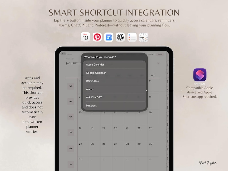 Puede incluir: Una interfaz de planificador digital en una pantalla de tableta que muestra un men&uacute; de Smart Shortcut Integration. El men&uacute; enumera Apple Calendar, Google Calendar, Reminders, Alarm, Ask ChatGPT y Pinterest. Iconos aparecen arriba.
