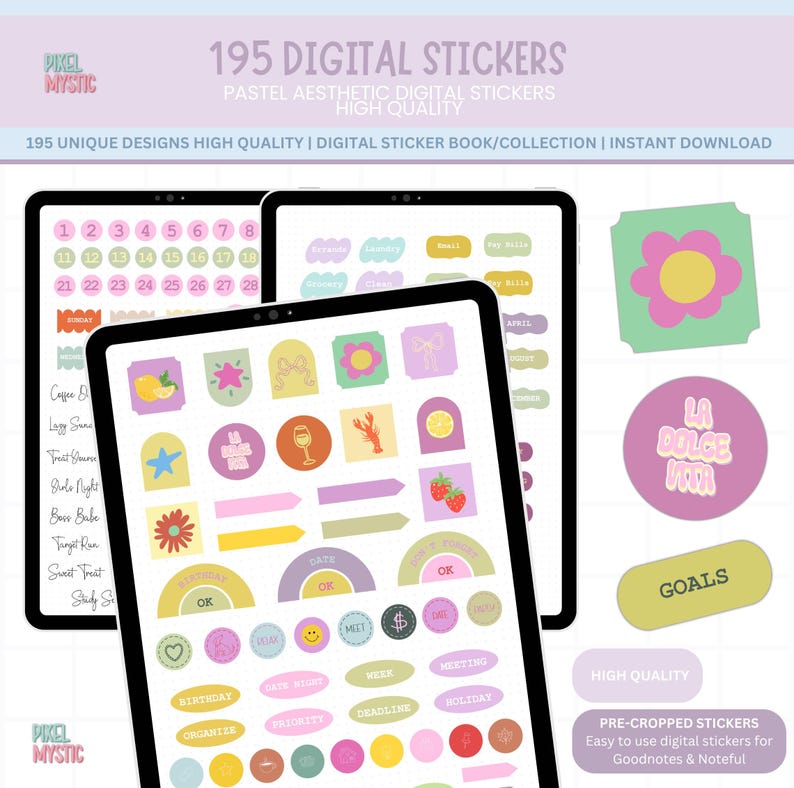 May include: Digital sticker set with 195 pastel aesthetic designs. The image shows two tablets displaying various pre-cropped stickers, including calendar numbers, floral shapes, and text labels like "Goals" and "Birthday". The stickers are designed for Goodnotes and Noteful.