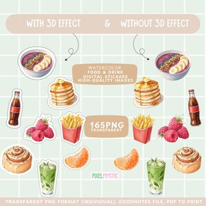 Puede incluir: Un conjunto de 165 pegatinas digitales de comida y bebida en acuarela. Las pegatinas presentan una variedad de art&iacute;culos, que incluyen batidos, panqueques, papas fritas y mucho m&aacute;s. Las pegatinas est&aacute;n disponibles en estilos 3D y planos. El texto "165PNG TRANSPARENT" est&aacute; incluido en la imagen.
