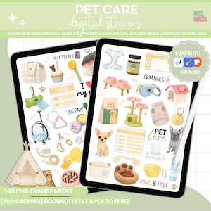 May include: Digital pet care sticker set with 140 unique designs. The stickers include watercolor illustrations of dog food, treats, toys, and accessories. The text on the image says "Pet Care digital stickers" and "140 unique designs high quality watercolor digital sticker book | instant download".