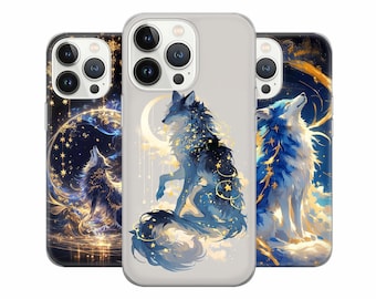 Moon Wolf Phone Case Celestial Cover for iPhone 15Pro, 14, 13, 12, 11, Google Pixel 8, 7A, 6A, Samsung Galaxy S24 Ultra, S23fe, Star Fantasy